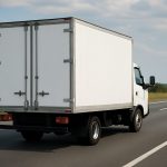 A moving truck driving on a highway with a rural landscape in the background
