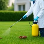 A person in protective clothing applying pest control on a lawn with a large insect in the foreground.