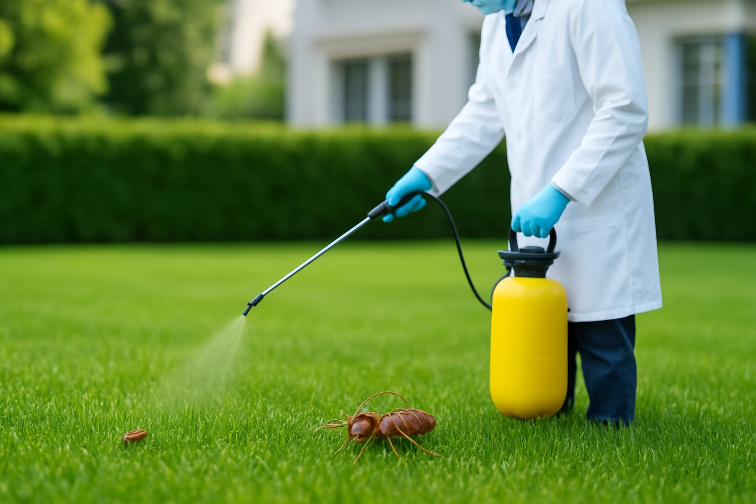 A person in protective clothing applying pest control on a lawn with a large insect in the foreground.