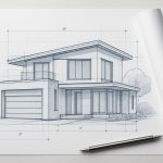 architectural sketch of a modern house with a pen and rolled blueprint