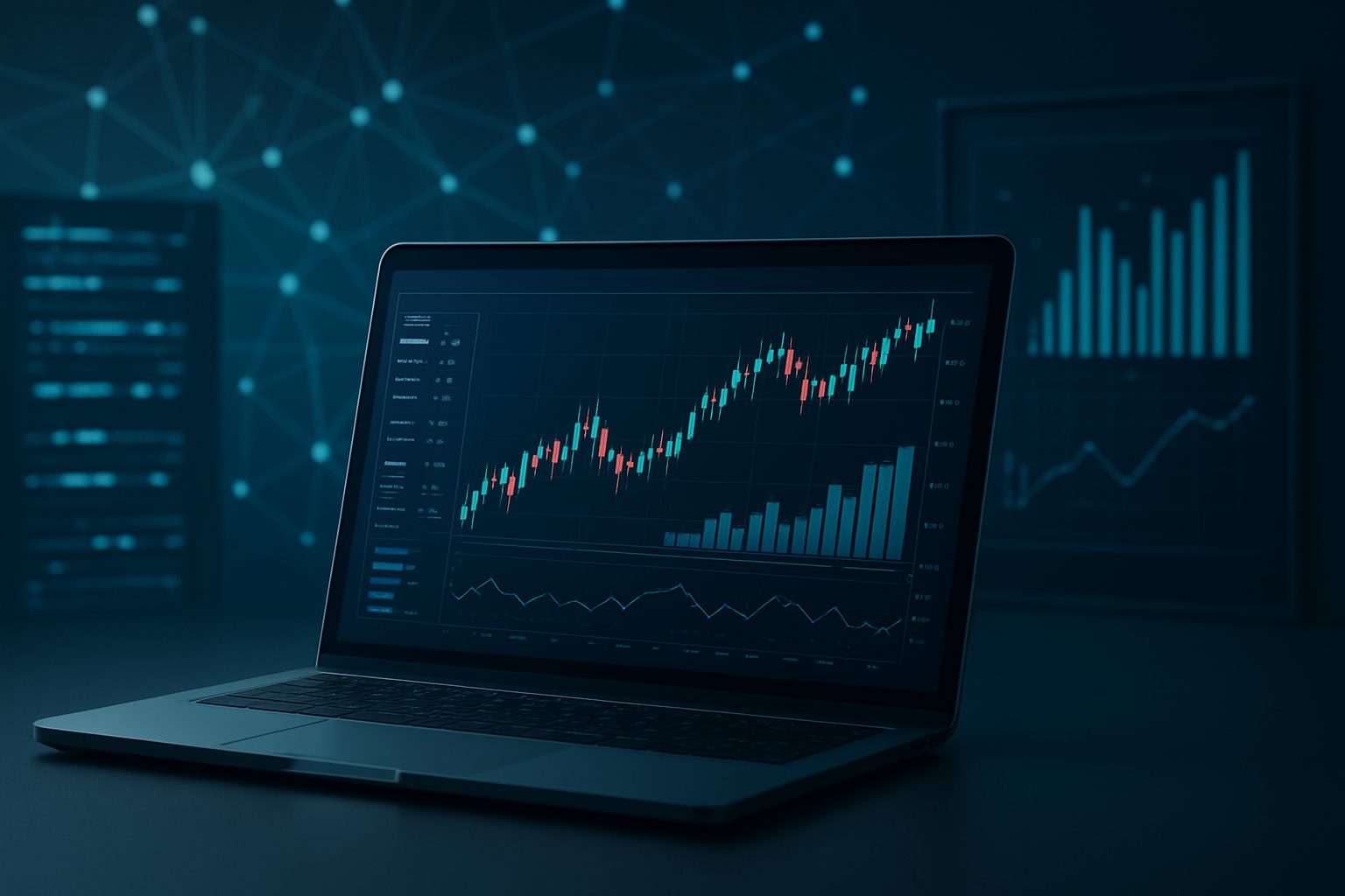 Close-up of a laptop displaying financial data and graphs on a dark background