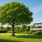A vibrant green tree standing in a well-maintained lawn beside a modern house, surrounded by lush landscaping.