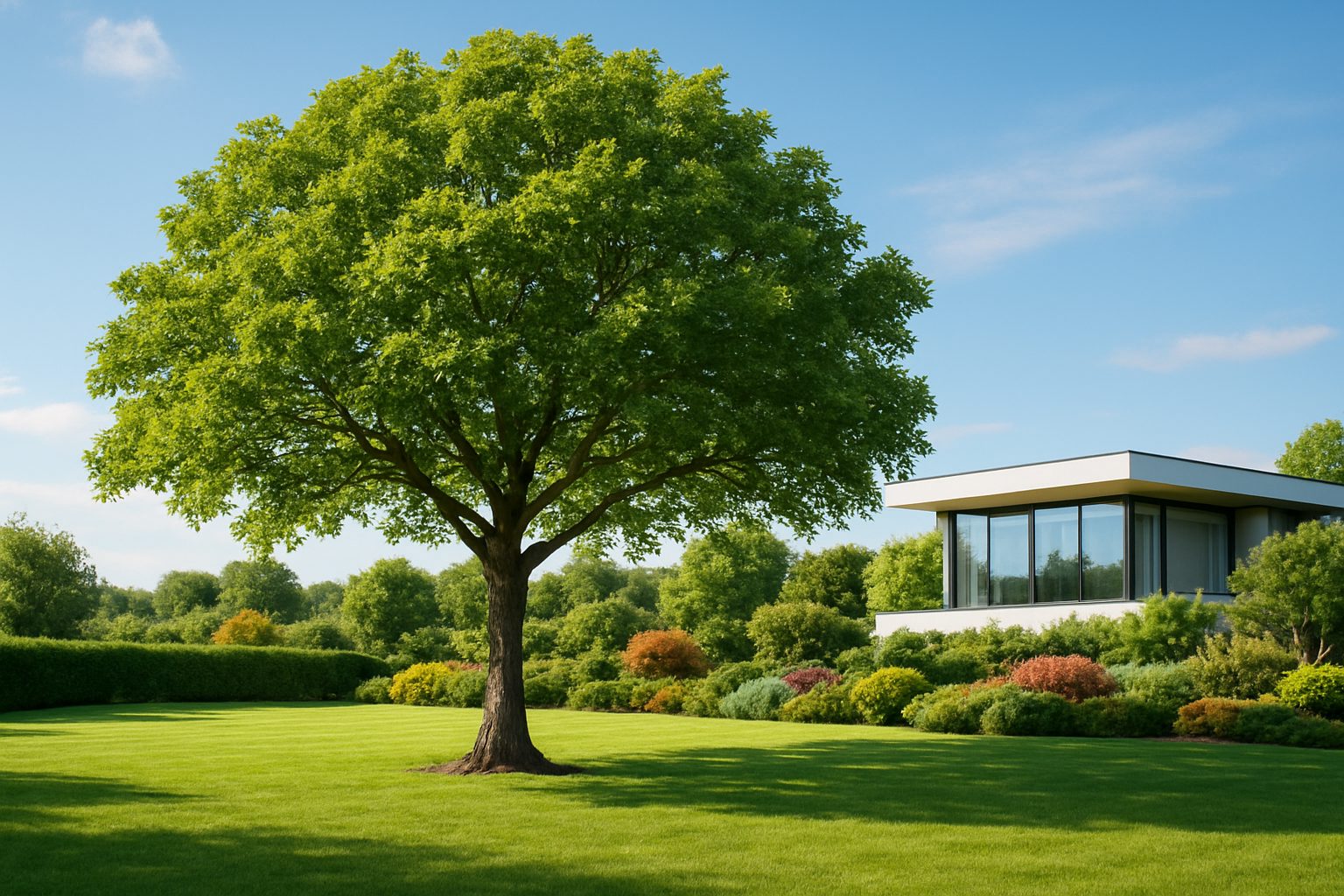 A vibrant green tree standing in a well-maintained lawn beside a modern house, surrounded by lush landscaping.