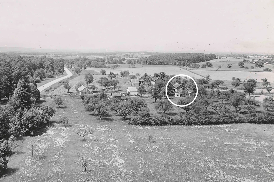 aerial view of a rural landscape with trees and farm buildings