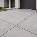 Close-up view of a concrete driveway and entrance to a modern home