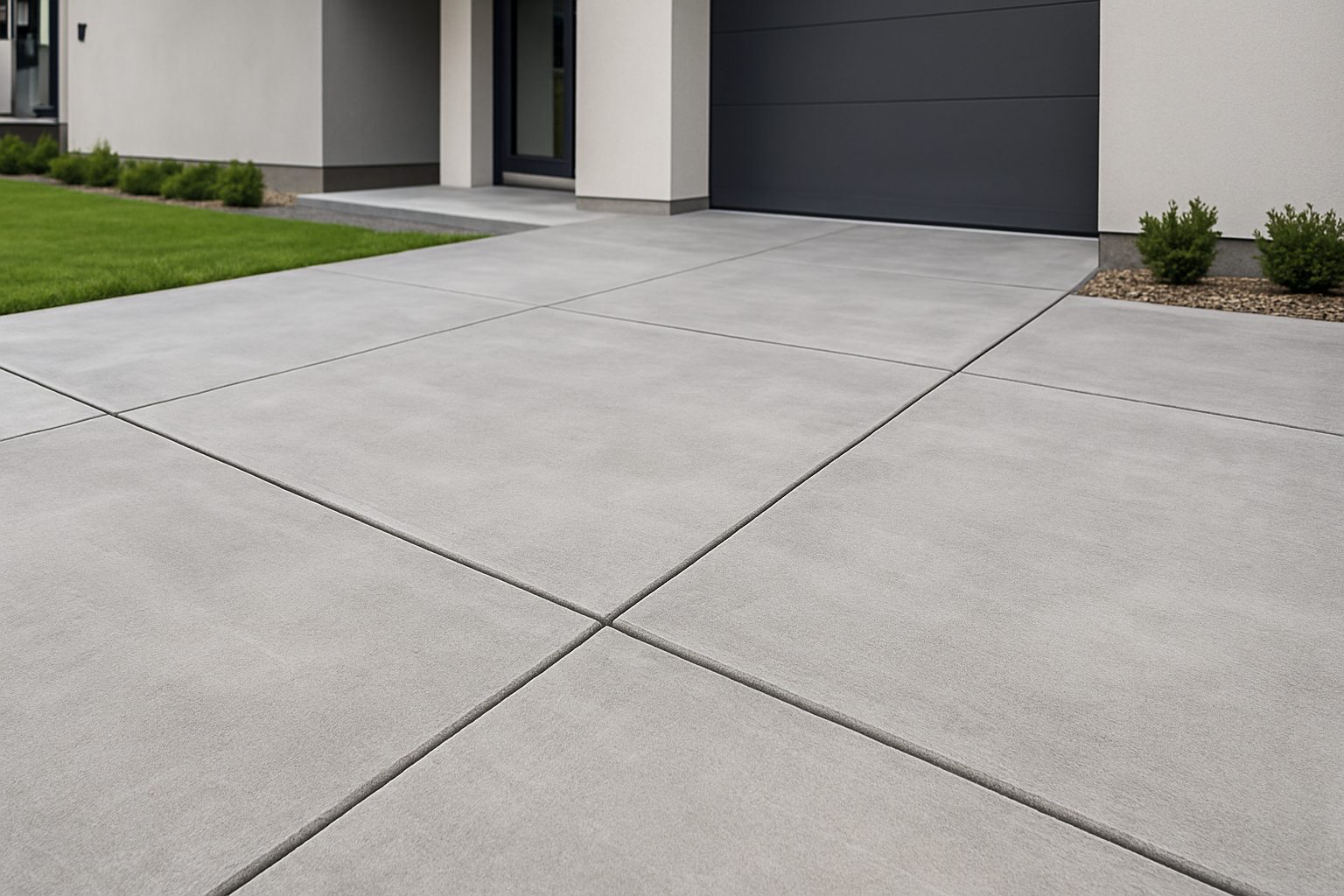 Close-up view of a concrete driveway and entrance to a modern home