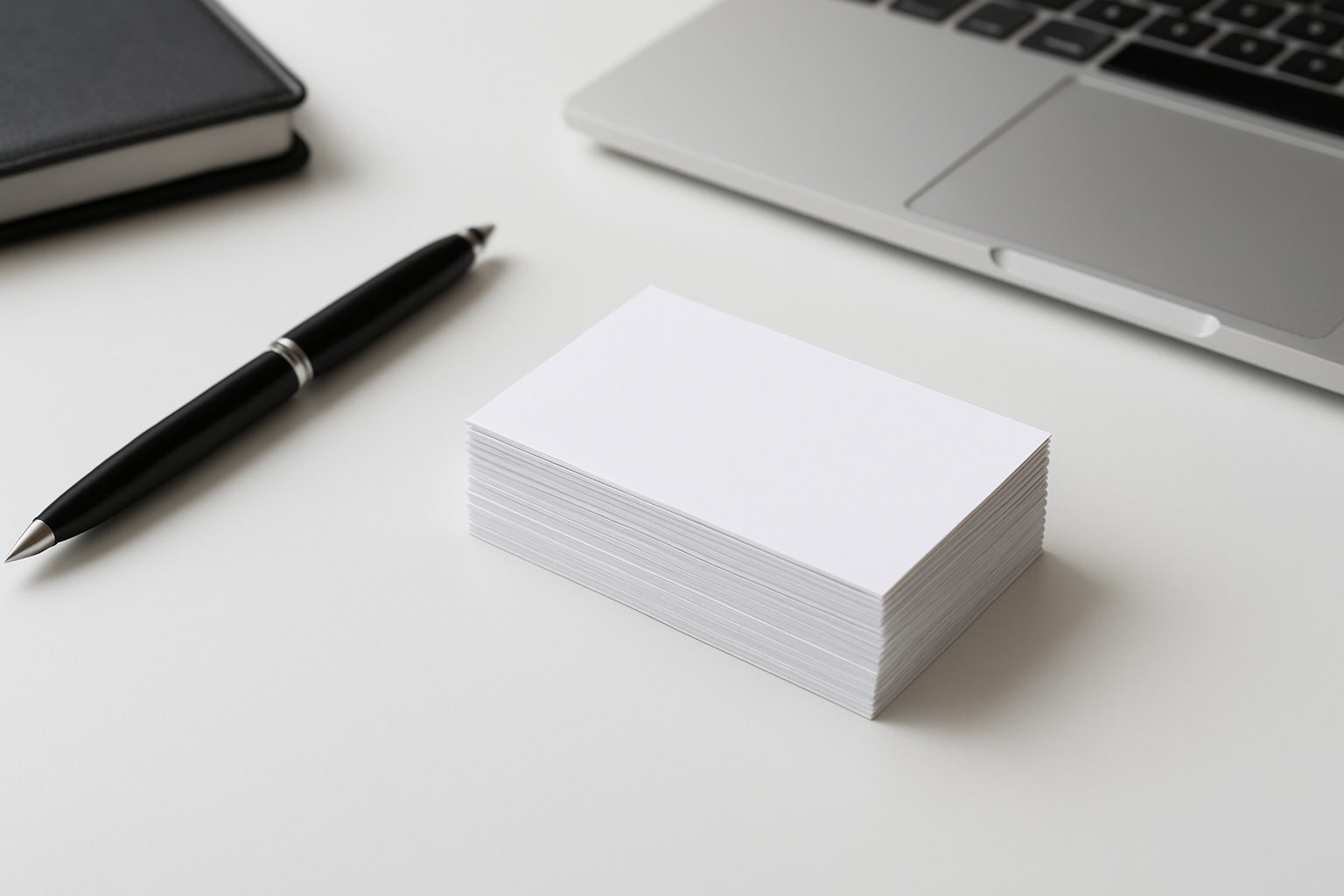 A stack of blank business cards next to a pen and a laptop on a desk.
