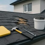 Close-up of a damaged roof with tools for restoration, including a hammer, a bucket of materials, and a sponge on shingl