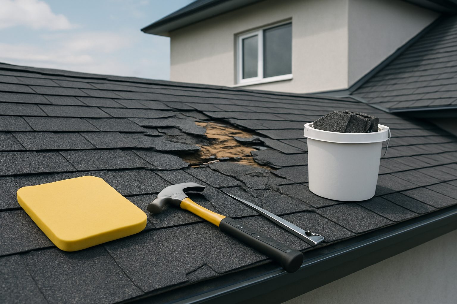 Close-up of a damaged roof with tools for restoration, including a hammer, a bucket of materials, and a sponge on shingl